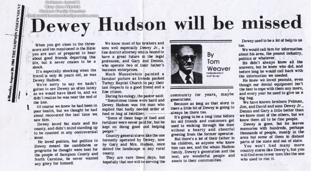 Dewey Hudson Sr (Dad Elwoods brother) honored in August 20, 1984 _The Sampson Independent_ newspaper#D5E4