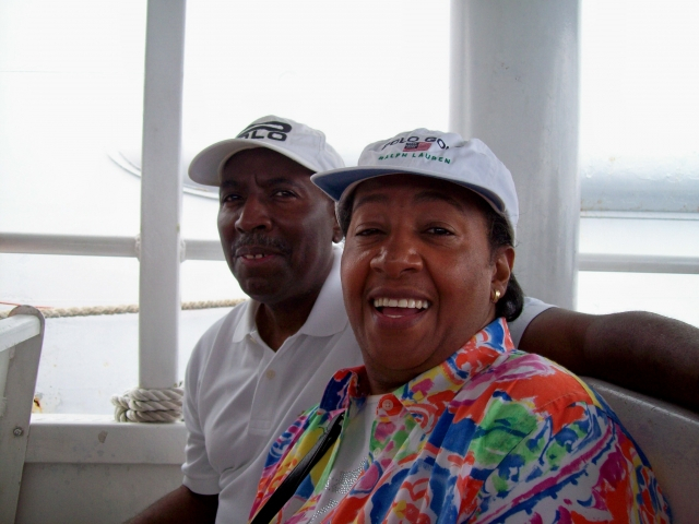 Charles and Debra on boat going into Grand Cayman Island.