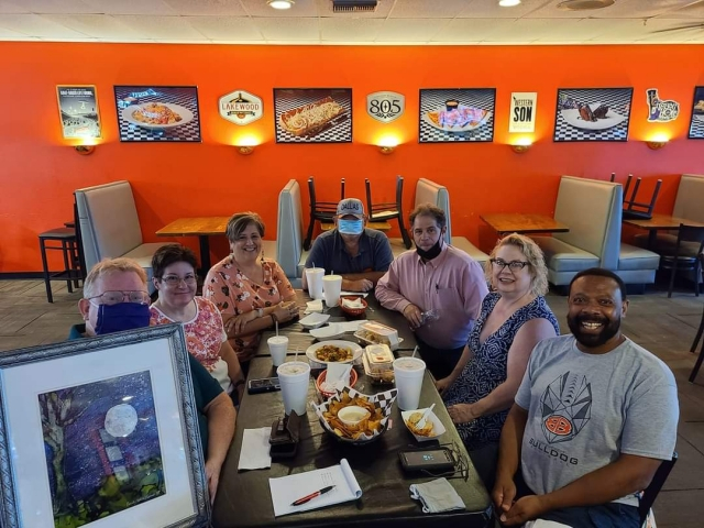 Kevin Seager, Annette Seager, Karen Piper, Danny McBride, Rick Hatcher, Cindy Kahler Thomas, and Tim Monroe at BHS Class of 1980 40th Reunion Planning Committee meeting at Deli Planet on August 11, 2020. Many others attended via Facebook Live.