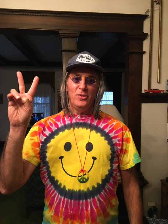 Paul Gagliano wearing his smiley shirt in his Happy Place.