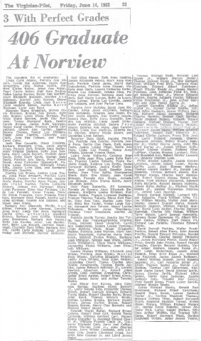 3 With Perfect Grades: 406 Graduate At Norview. The Virginian-Pilot, Friday, June 14, 1963.
