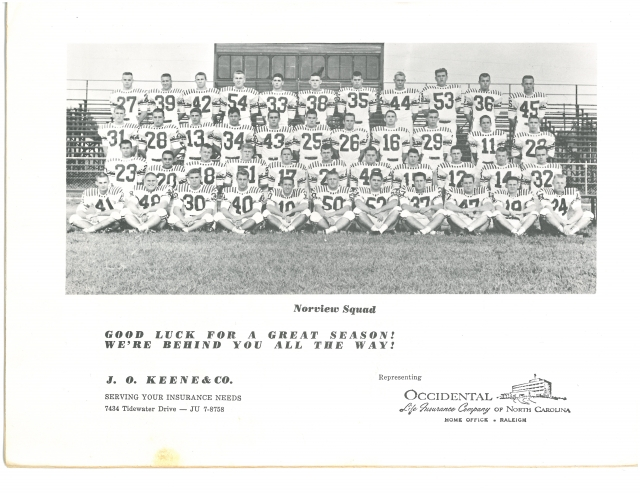 Norview Varsity Football Team including sophomores, Mike Steele (12), Bruce Boyd (18), Jerry Collier (25) and Jim Rothgery (34).