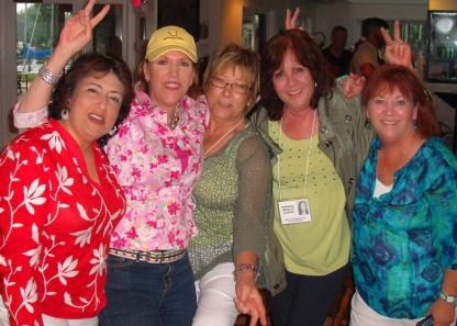 Sue Gallego, Mariann Russell Looney, Debra Allcut Jones, Barbara Bradley Sullivan, Laurie King doing the Can-Can & singing Those were the days my friend ! (photo courtesy of Mariann Russell Looney)