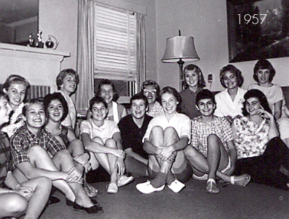 A party at Ann Krappes house in 1957 - front row - Bobbi Roth, Sue Gilman, Marsha Renkow, Sue Rosenberg, Joanie Shaw, Donna Phillips, Karen Kirby, Nancy Mathews. Second row - Kathy Scofield, Arlene Bert, Ann Krappe, Lynda OConnor, Pattie Fredlund, Sandy