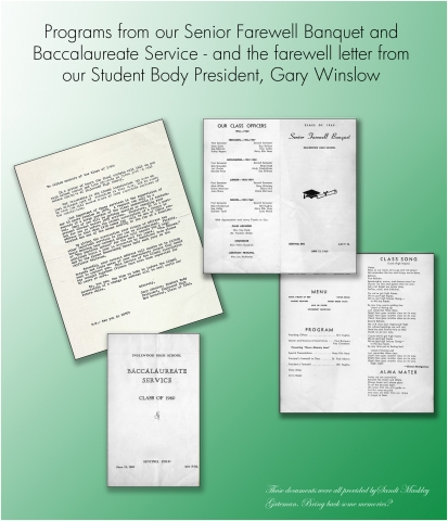 A collage of senior papers...Farewell Banquet, Baccalaureate Program, and a farewell letter from our Student Body President, Gary Winslow (All documents courtesy of Sandi Mackley)