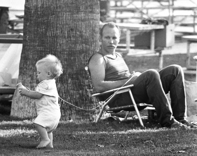 Hmm...I wonder if this string will hold ok. (Babysitting...Jim Tollefson style!) Photo courtesy of Eddie Allen - taken at the 1971 Reunion Picnic at Alondra Park.