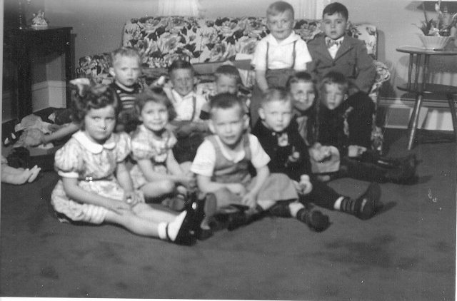 Bobby Stohls early birthday party, guessing 1948?
front row: Linda Jorgensen, Karen Sue Stenback, ? , Lee Norgard, Ray Sveen, ?
Back Row: ?, Bobby Stohl, ?, ?, Jim Jorgensen
