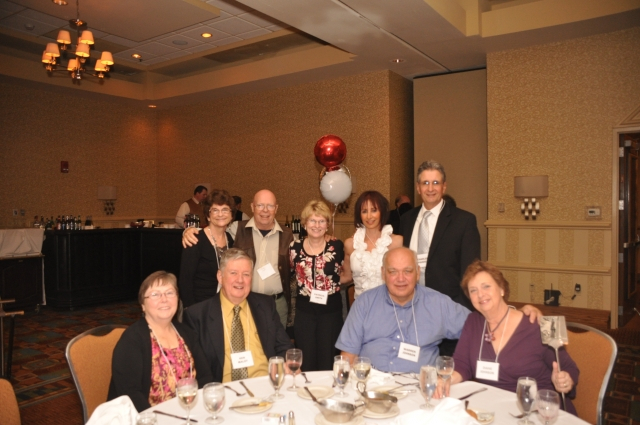 Seated: Dottie & Ken Maley, Warren & Dianne Johnson. Standing: Lee Ann (Higgins) & Bill Harrigan, Pat (Smith) Hill, Olga & Chuck Piandes.