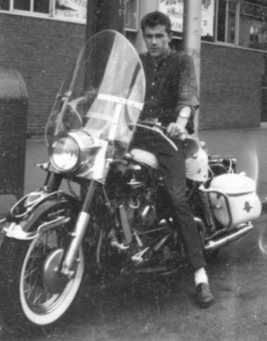 Earle Craigie on his Harley Davidson in 1963 in front of the Cambridge YMCA where he worked part-time while attending Northeastern University.