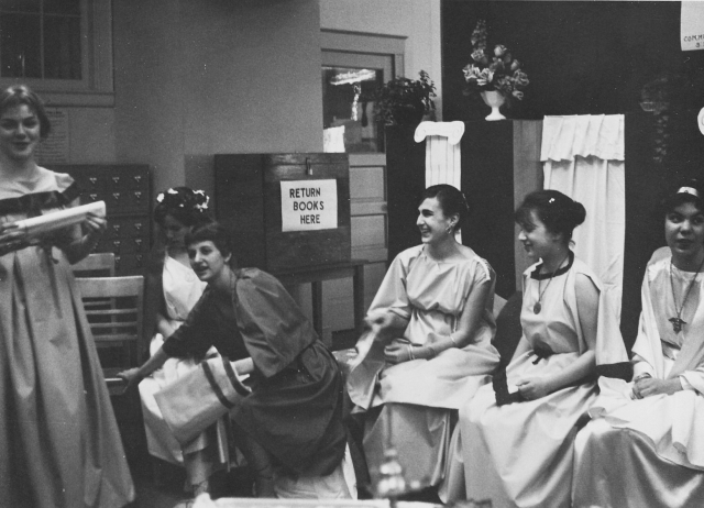 Latin Club party, Helen Govenar,  Sybil Killourhy, and others in Roman dress.