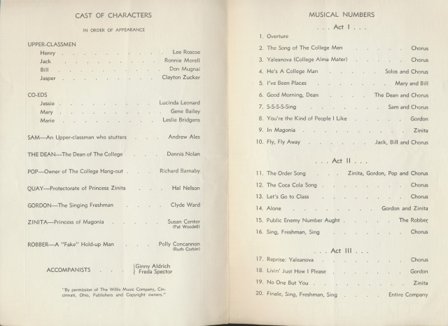 Singing Freshman musical, May 2, 1958, cast and musical numbers.