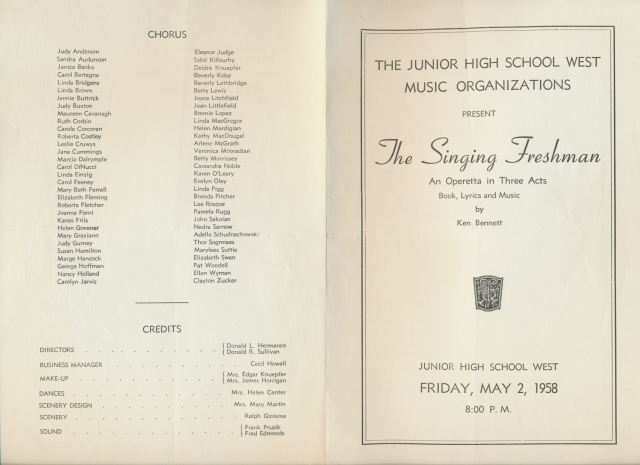 Singing Freshman musical, May 2, 1958, cover and back page.