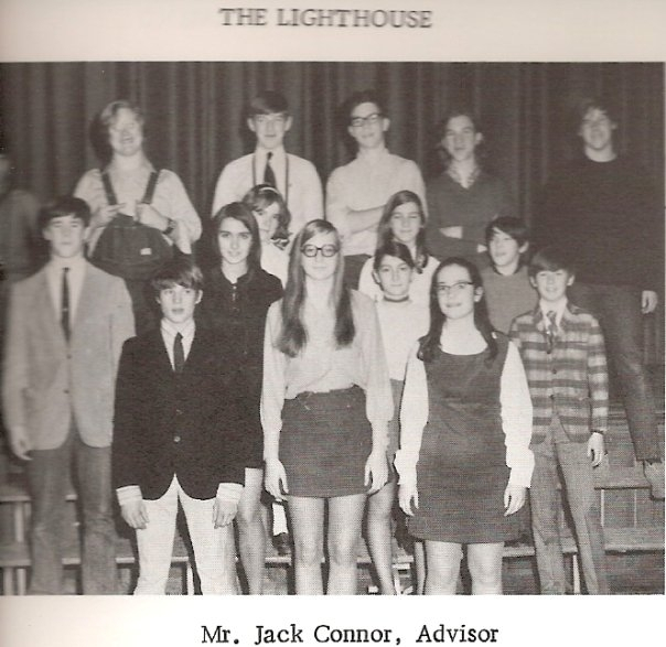 The Lighthouse (Junior High yearbook) committee featuring James and Jim! James is in full howdy pardner mode...
James Wyman, Margaret Freeman, Scott Schnipper, Jim Hughes (photo courtesy Jane York Bornstein/Facebook)