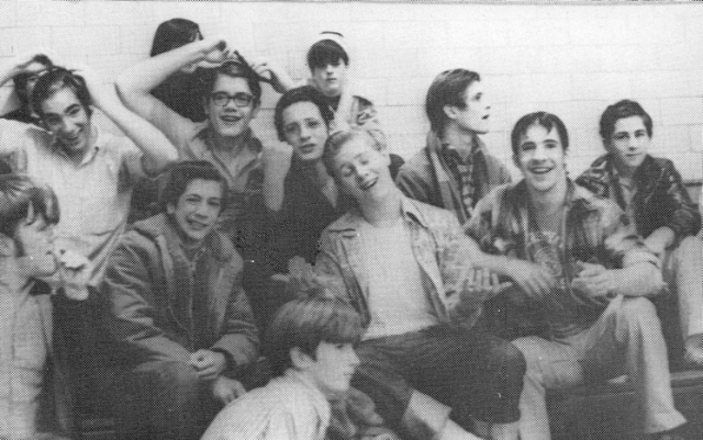 The freshman wrestling team greases up and decamps to a freshman basketball game after practice. From L to R: Jens Thieck, Rob Grobarz, Mark Di Ionno, Dave Manley, Anthony Jocko Wharton, Unamused 7th Grader, Kevin Cuppia, James Wyman, Greg Steinhauser, Cr