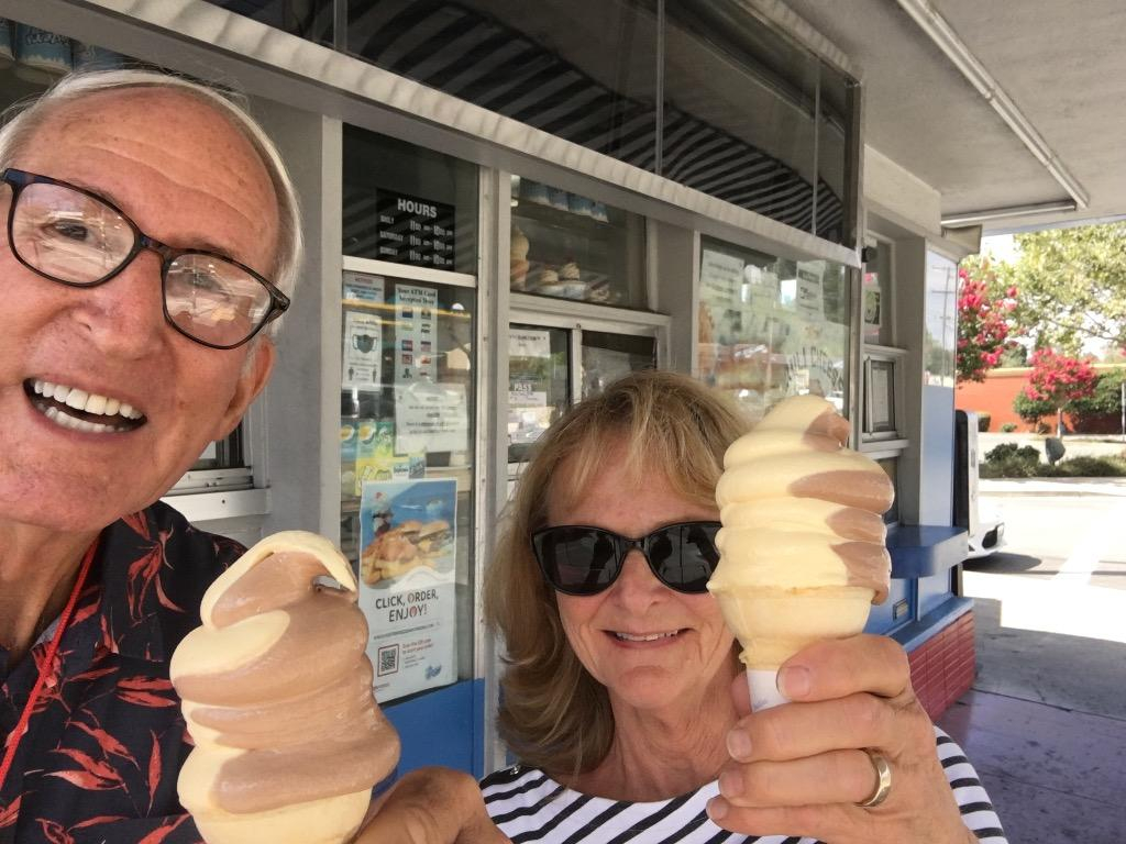 Mike and Joan cruising Fourth St. In the car rally just had to stop at Fosters for a frosty!