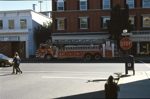 Firetruck in front of building that houses The Teapot