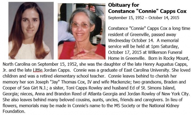 Connie Capps (Cox). September 15, 1952 - October 14, 2015.
