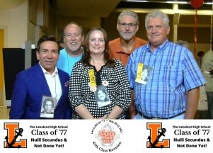 Here are alums Pete Tetting, Rick Beale, Manny Rosales, Mary Richard and Larry Murphy at the Saturday night photo booth.