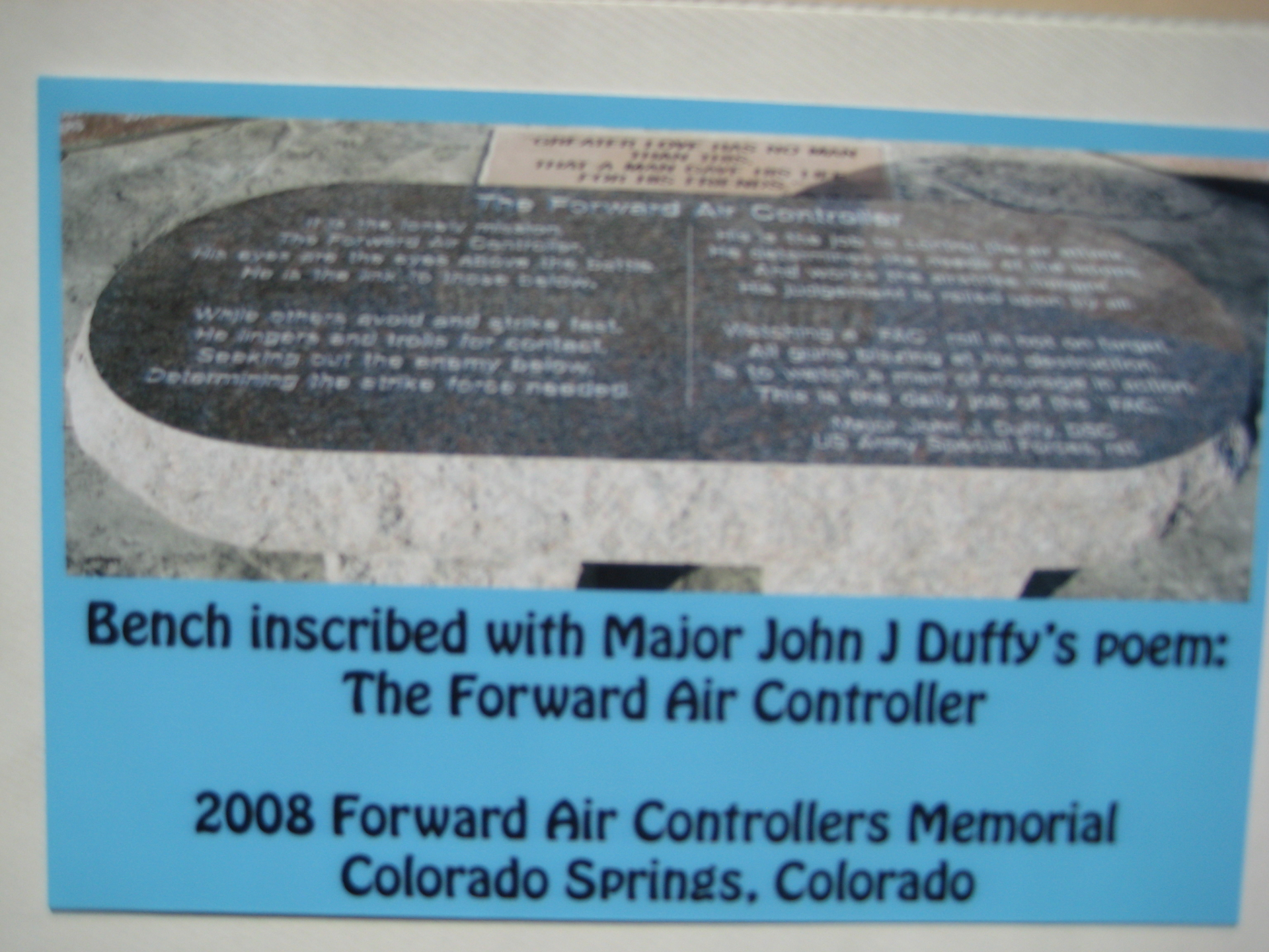 Monument bench im memory of the deceased FAC's and Covet Riders of the Viet Nam War.             October 3, 2008 Dedication