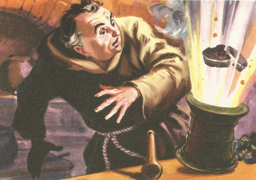 A medieval monk experimenting with explosive gunpowder.